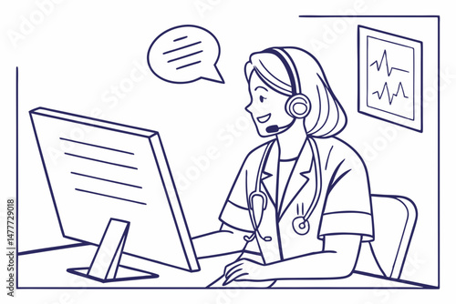 Sketch style doodle of Female virtual doctor wear headset talking consulting patient by online video call