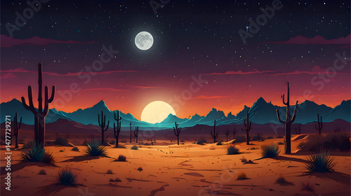  flat illustration a vibrant desert landscape at night