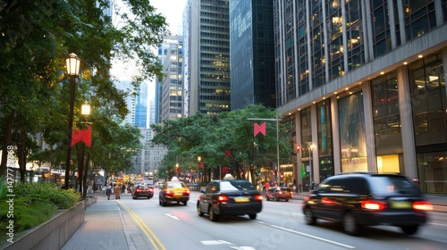 Cityscape with modern buildings and street traffic in urban environment