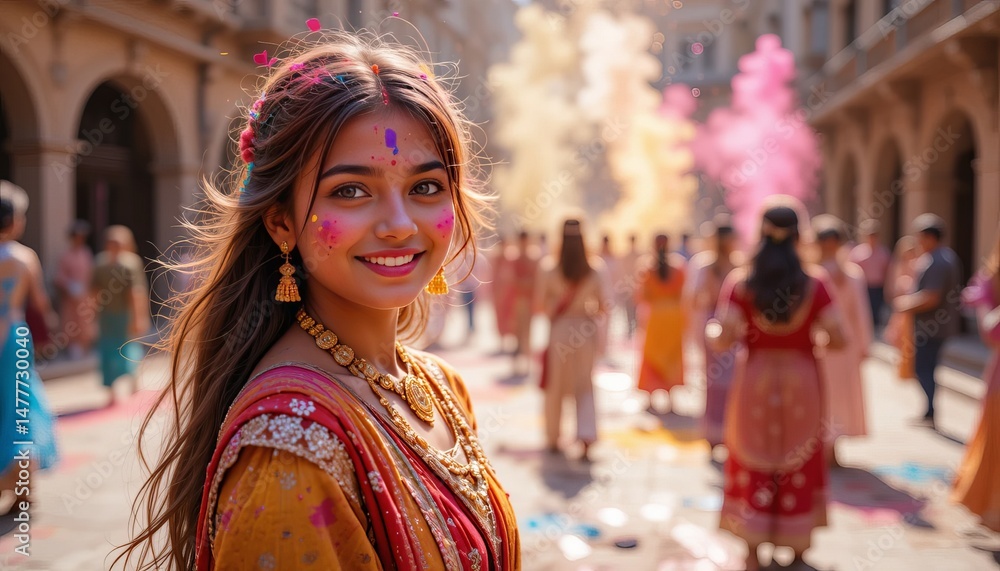 Naklejka premium Happy Holi , Concept Indian color festival. portrait of a happy indian dark-skinned girl in traditional costume.