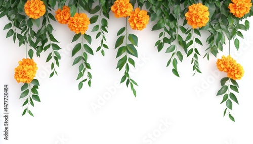 Decorative Marigold Flower Garland And Mango Leaves Displayed In Celebration Of A Traditional Hindu Festival For Festive Decor.
