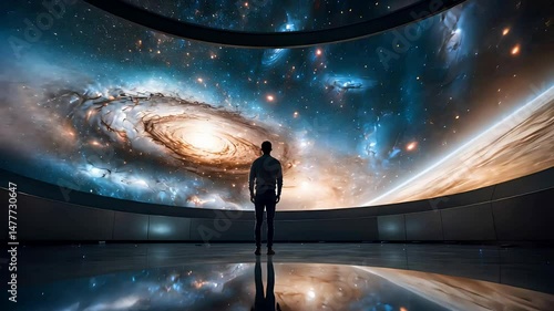 Man Standing in Observatory Watching Galaxy Projection Indoors