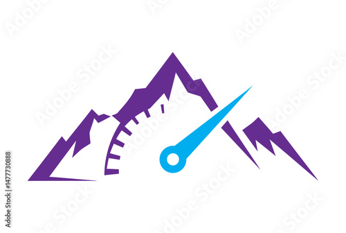 A purple mountain range with a blue speedometer needle in front of it on a white background image