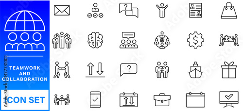 Teamwork and collaboration icon set. Thin line editable stroke icons for teams, leadership, meetings, project management, brainstorming, team growth, support, partnership and remote work.