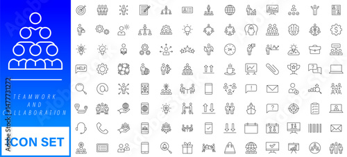 Teamwork and collaboration icon set. Thin line editable stroke icons for teams, leadership, meetings, project management, brainstorming, team growth, support, partnership and remote work.