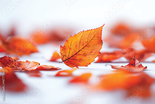 Bright orange autumn leaves stand out against a crisp, clean, stark white backdrop