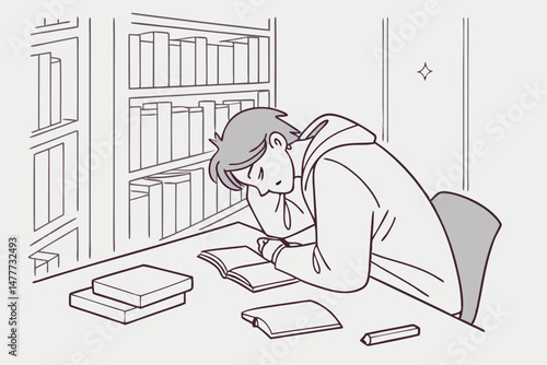 Sketch style doodle of Funny tired bored young college university student sleeping sitting at library desk
