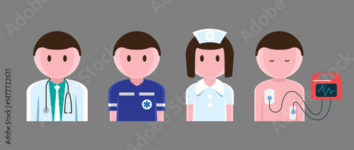 Cartoon illustration of CPR professionals team . There are doctor, paramedic or EMT, nurse and a patient connected to AED device . Vector .