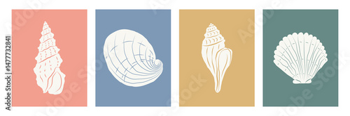 Seashells icon set in groovy naive style. Minimalist posters with hand drawn seashells. Marine silhouette  for prints, posters, cards, tshirt