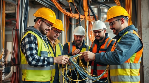 A team of skilled electricians meticulously inspects and connects a bundle of network cables du a complex building project.