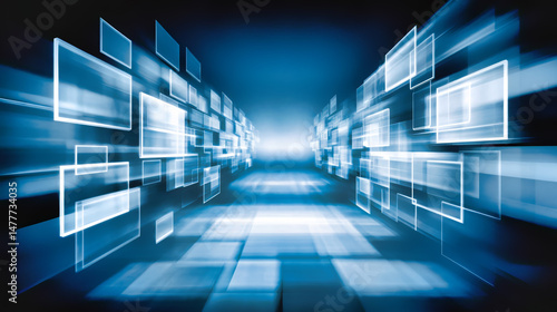 Wallpaper Mural Blue futuristic digital interface with transparent floating screens. Virtual technology panels in motion through cyber tunnel. Holographic data displays in abstract network environment. Electronic Torontodigital.ca