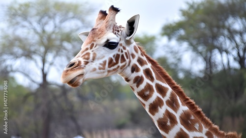 A close-up shot of a giraffe looking around with a blurry background. Its patterned coat and long neck are clearly visible