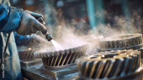 mechanical engineering, cleaning the gearbox - connecting rod, gears, which someone cleans, the environment is industrial, where a specialist uses a pressure spray gun to clean the gears
