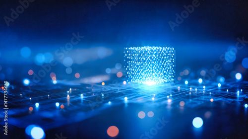 Glowing blue data cube with dots matrix on digital network grid. Abstract technology visualization with luminous particles. Futuristic quantum computing concept with information connections.