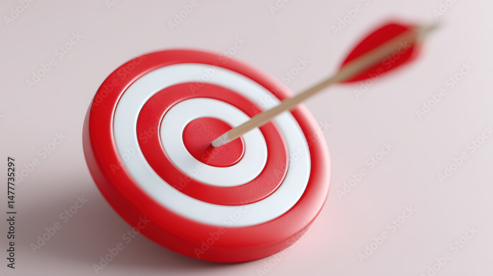 Red and white target with arrow hitting bullseye center. Perfect aim achievement symbol with precision accuracy focus. Business goal success concept representing strategy, performance metrics Red and white target with arrow hitting bullseye center. Perfect aim achievement symbol with precision accuracy focus. Business goal success concept representing strategy, performance metrics