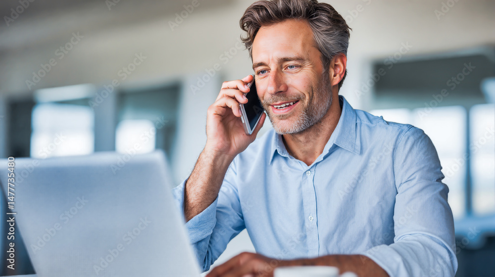 Professional businessman with gray hair on phone call while working on laptop. Executive in blue shirt engaged in business conversation with confident smile. Corporate manager handling client Professional businessman with gray hair on phone call while working on laptop. Executive in blue shirt engaged in business conversation with confident smile. Corporate manager handling client