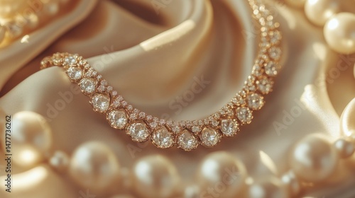 Luxury jewelry, platinum necklace with diamonds on silk fabric close-up, golden necklace in the store, beautiful diamond pendant necklace, jewelry showcase with selective focus