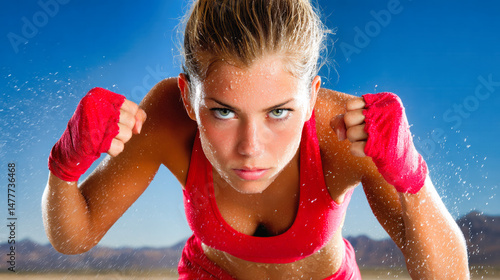 Female athlete in boxing stance with red hand wraps and sports top, sweaty and determined during intense workout. Strong, fierce expression shows focus, power and discipline. Athletic training