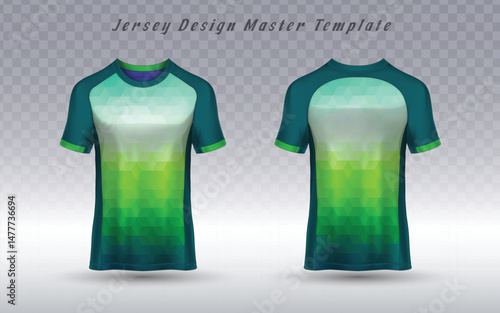 Front and back vector jersey template featuring dynamic abstract layered horizontal line pixelated gradient pattern in green, blue on white. Customizable apparel mockup for sport teams or esports.