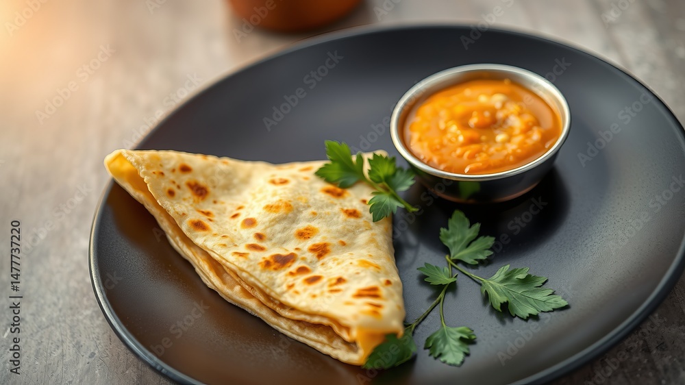 A delicious folded crepe served with a side of vibrant orange savory sauce on a dark plate garnished with fresh parsley. A delicious folded crepe served with a side of vibrant orange savory sauce on a dark plate garnished with fresh parsley.