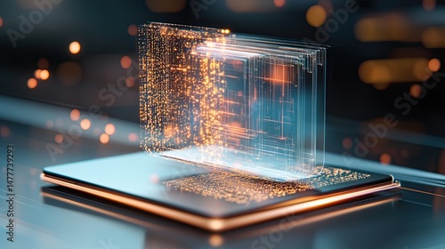 Printer technology conceptual for futuristic printing solutions, modern printer technology conceptual for high-tech efficiency. Futuristic laptop with glowing data streams.