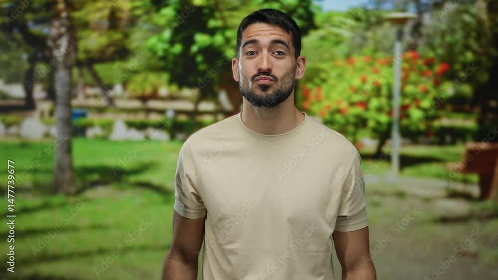 Young man smiling in a vibrant park setting with lush green trees and colorful flowers in the background, capturing a moment of happiness and outdoor leisure. Young man smiling in a vibrant park setting with lush green trees and colorful flowers in the background, capturing a moment of happiness and outdoor leisure.
