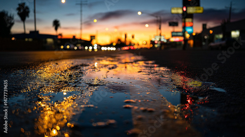 Wallpaper Mural Puddle reflecting city lights on a wet street at dusk with a colorful sky in the background view Torontodigital.ca