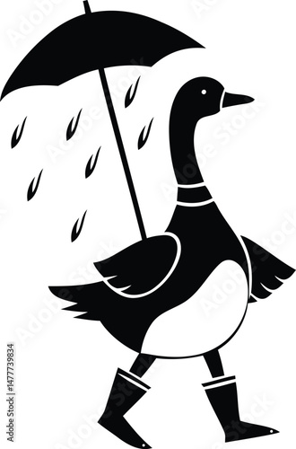 A cute duck standing in the rain, wearing boots and holding an umbrella silhouette and line art vector illustration, duck standing in the rain, wearing boots and holding an umbrella vector icon design