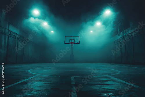Dark court features a solitary basketball hoop under the bright lights with a metal fence