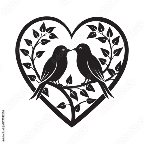 Silhouette of two lovebirds perched on a heart shaped branch