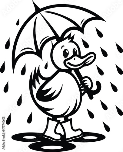 A cute duck standing in the rain, wearing boots and holding an umbrella silhouette and line art vector illustration, duck standing in the rain, wearing boots and holding an umbrella vector icon design