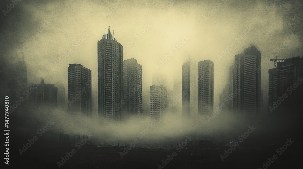 Obraz premium Metropolitan silhouettes obscured within an eerie smog-laden landscape
