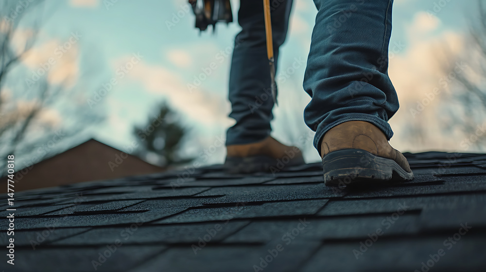 Roofing Contractor Walking on Asphalt Shingles Roofing Contractor Walking on Asphalt Shingles