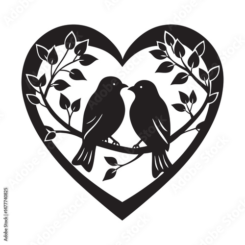 Silhouette of two lovebirds perched on a heart shaped branch