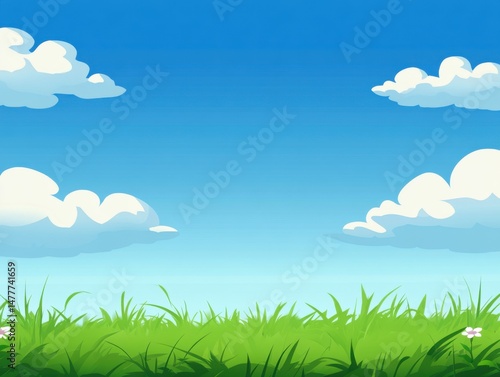 Cartoon landscape of green grass and blue sky with clouds in sunny day illustration vector background