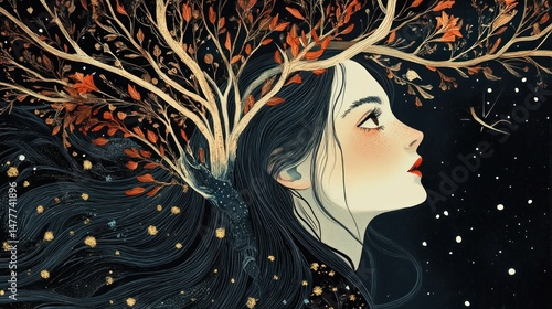 Woman with autumnal tree-like head