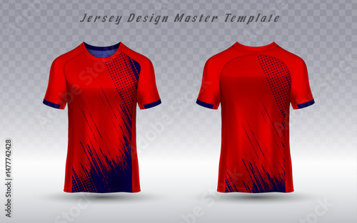 Front and back vector jersey template featuring a dynamic abstract fragmented angular distressed shape pattern in dark blue, black on red. Customizable apparel mockup for sport teams or esports.