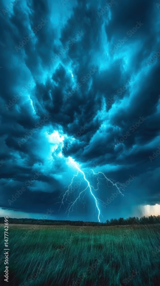 Fototapeta premium Dramatic Lightning Strike Over Field During Stormy Weather from Low Angle in Rural Location