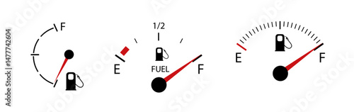 Vehicle fuel. Simple digital indicator of vehicle fuel. Full and empty icons of gas and fuel meters, fuel pump. Vector