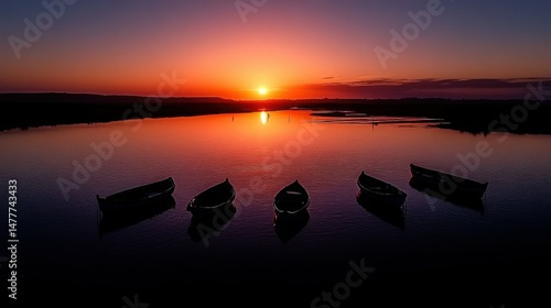 A serene lake with small boats floating peacefully under a pink sunset
