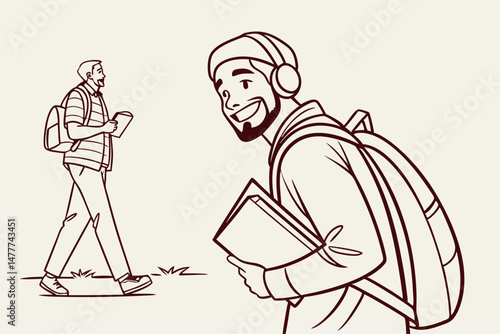 Sketch style doodle of Happy confident young bearded handsome man student hold backpack workbooks look at camera, casual guy university teacher stand with rucksack headphones