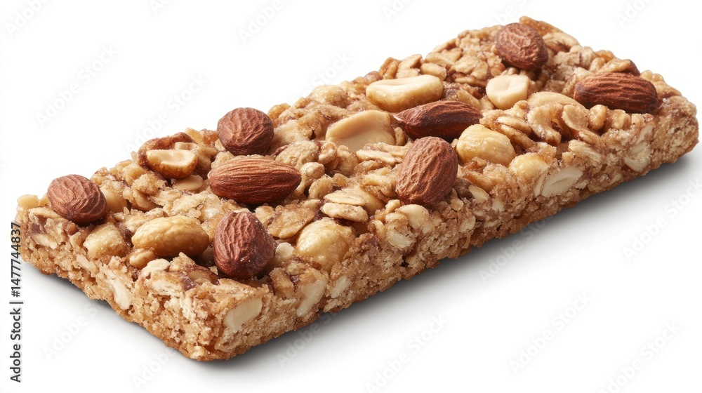 Obraz premium Nutritious granola bar topped with almonds and peanuts