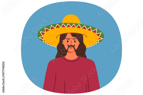 Mexican sombrero hat is on head of woman making mustache out of hair and showing funny grimace. Girl in traditional sombrero inviting you to entertaining cultural festival in mexico