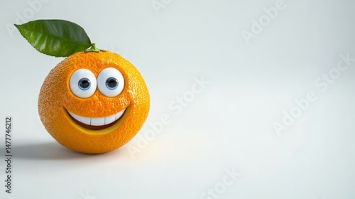A smiling orange with large cartoon eyes and a green leaf on a white background