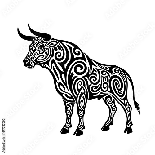 Black bull silhouette with tribal patterns and decorative swirls  