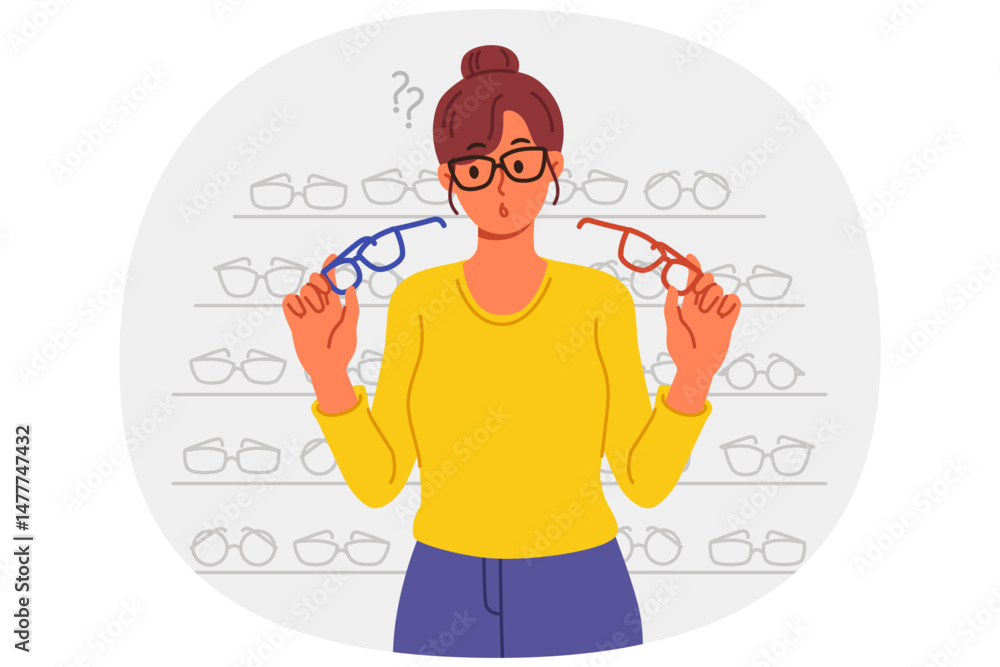 Φωτογραφία Woman buys glasses in store with large assortment of lenses and frames and chooses one of two options