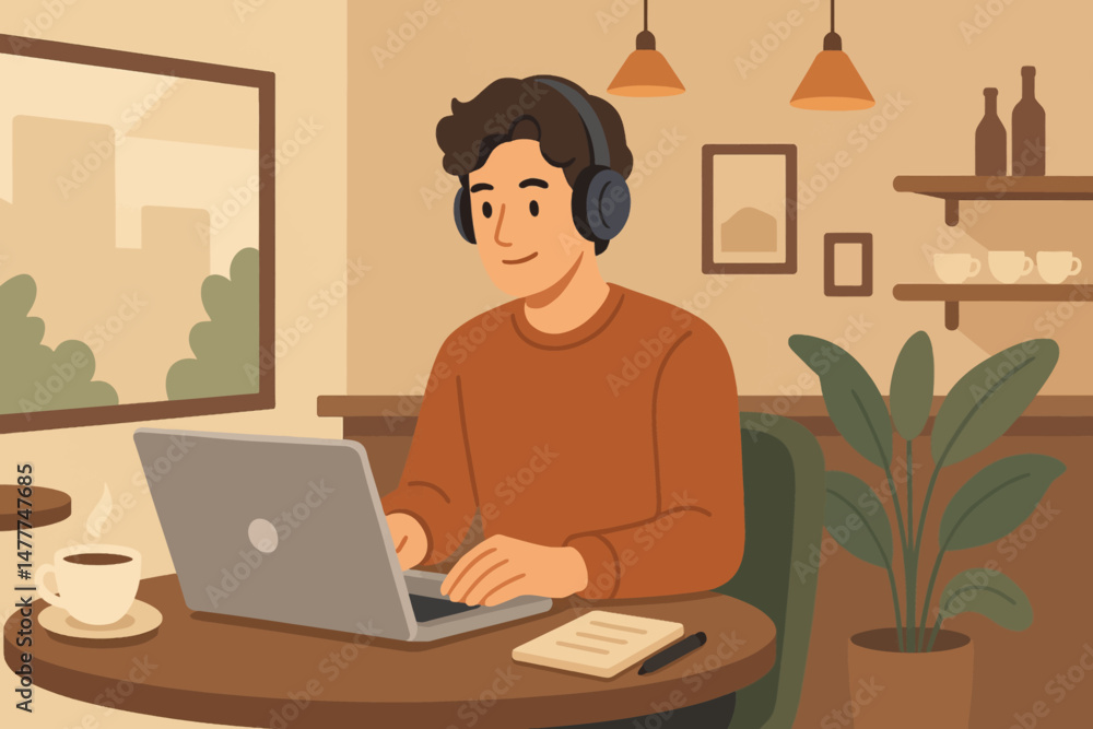 illustration of Young Freelancer Working on Laptop in Cozy Coffee Shop illustration of Young Freelancer Working on Laptop in Cozy Coffee Shop