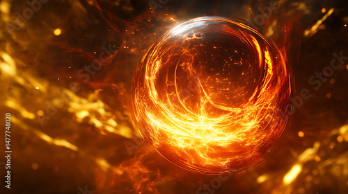 Close shot of an energy sphere suspended in a containment ring, detailed with sci-fi textures and light effects 