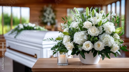 Wallpaper Mural A white flower arrangement sits on a table next to a casket Torontodigital.ca