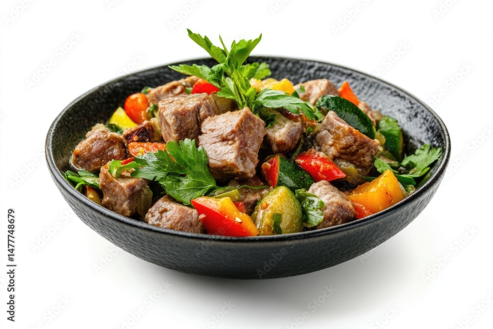 Delicious Beef and Vegetable Stir-Fry in Black Bowl - Vibrant Colors, Fresh Herbs Delicious Beef and Vegetable Stir-Fry in Black Bowl - Vibrant Colors, Fresh Herbs
